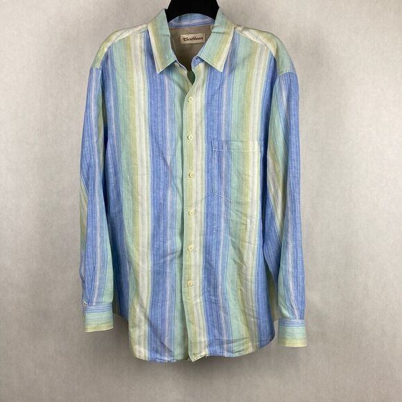 Caribbean Mens Button Down Shirt Size L Linen Cotton Blue Green Cream Stripes Lo - Picture 1 of 10